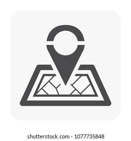 Gps pin on paper map. Vector design of icon, sign or symbol. Include road, street and city. May called pointer, guide for position of place. Concept for geography, cartography, travel, trip, journey.