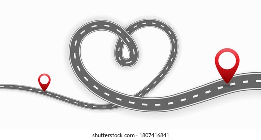 Los punteros GPS en el corazón de la carretera en forma de corazón. Ilustración vectorial de dibujos animados