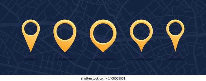 GPS pin set isolated. City map navigation. GPS navigator. Point marker icon. Top view, view from above. UX/UI. Abstract background. Cute simple design. Flat style vector illustration.