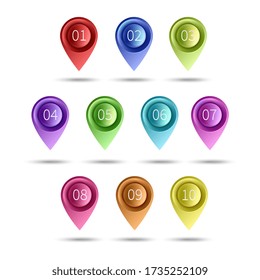 GPS pins. Map pointer set. Travel destinations location tag. 3d place or position mark, navigation vector signs