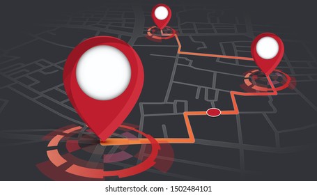 Gps Pins Showing On Street Map With Route Tracking.vector Illustration