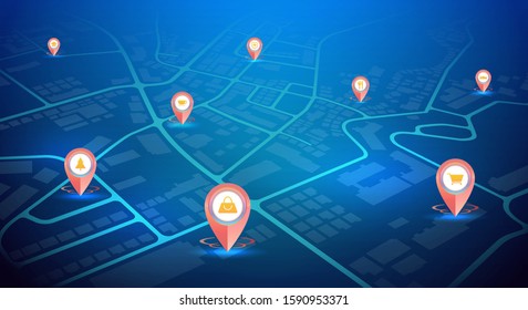 GPS pins with sign icon showing on city map blue color.vector illustration