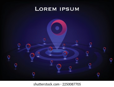 GPS pins with sign icon showing on city map blue color.Vector illustration.