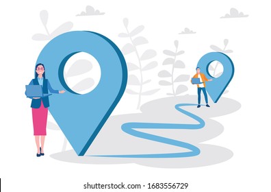 GPS point navigation, travel way, find trip, geo location. Pin. vector illustration two pin. Transportation delivery, map location, transport logistic, tourism navigate, route path concept. 