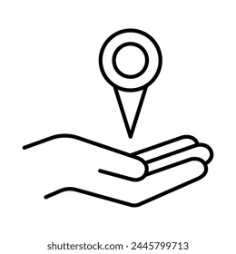 GPS point in the palm icon. Pin point on a hand. Vector illustration.