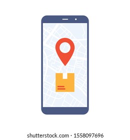 GPS point show location of parcel on themobile screen map. Order Tracking concept. Vector illustration flat design style. Delivery service concept.