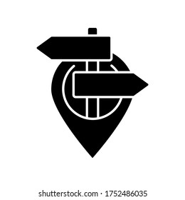 GPS pointer black glyph icon. Modern navigation, global positioning system silhouette symbol on white space. Geographical location indicator. Geo tag with sign post vector isolated illustration