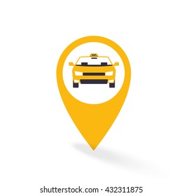 Gps pointer map with car taxi icon. Public transport design. Vector illustration web design element.