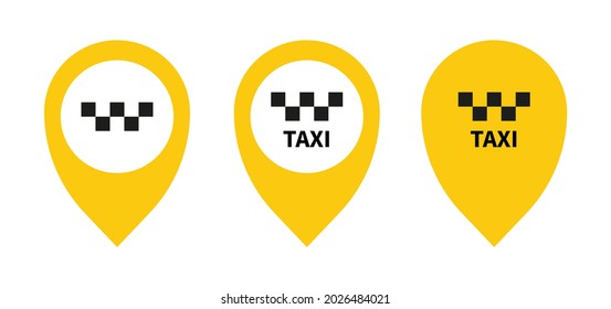 Mapa del puntero Gps con iconos de taxi. Formas redondeadas amarillas sobre fondo blanco. Elemento de diseño web de ilustración de vector.
