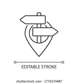 GPS pointer pixel perfect linear icon. Global navigational system thin line customizable illustration. Contour symbol. Geo tag with sign post vector isolated outline drawing. Editable stroke