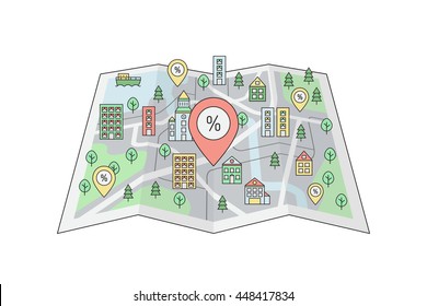 GPS pointers with percent on the city map multicolored background. Clean and simple outline design.
