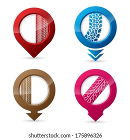 Gps pointers with various tire track silhouettes on white