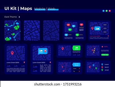 GPS position UI elements kit. Route to destination. Geo location isolated vector icon, bar and dashboard template. Web design widget collection for mobile application with dark theme interface