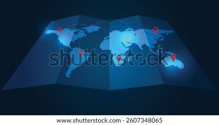 GPS positioning system in the global. Image pin GPS with a world map. world map travel map plane. vector illustration EPS 10.