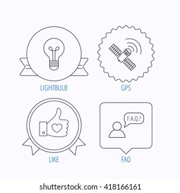 GPS, question and lightbulb icons. Thumb up, like linear sign.  Award medal, star label and speech bubble designs. Vector