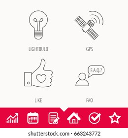 GPS, question and lightbulb icons. Thumb up, like linear sign.  Edit document, Calendar and Graph chart signs. Star, Check and House web icons. Vector