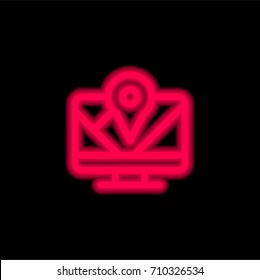 Gps red glowing neon ui ux icon. Glowing sign logo vector