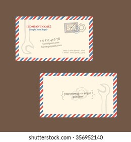 GPS repair. Business card vector template, styled as a vintage envelope with postage stamp. Hand drawn, pen ink. Also suitable for flyer, banner, advertisement, promotion