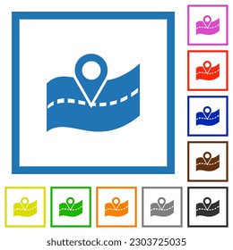 GPS road location flat color icons in square frames on white background