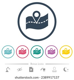 GPS road location flat color icons in round outlines. 6 bonus icons included.