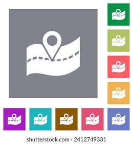 GPS road location flat icons on simple color square backgrounds