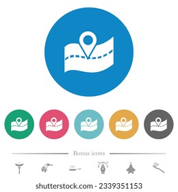 GPS road location flat white icons on round color backgrounds. 6 bonus icons included.