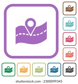 GPS road location simple icons in color rounded square frames on white background