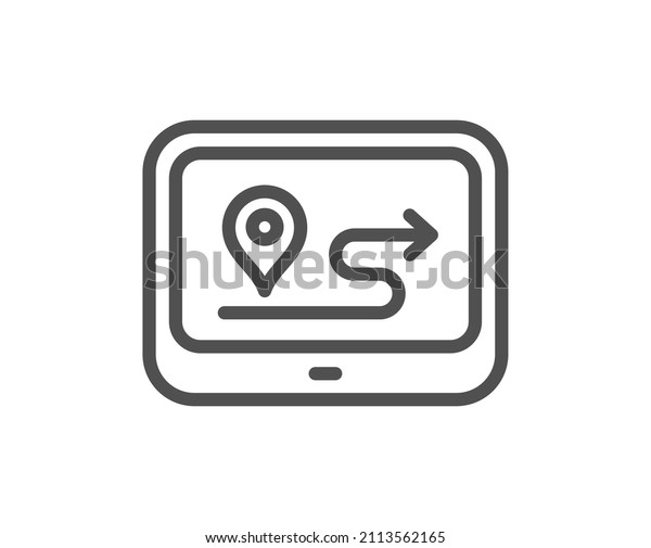 GPS route line icon. Road path sign. Journey map\
device symbol. Quality design element. Linear style gps icon.\
Editable stroke. Vector