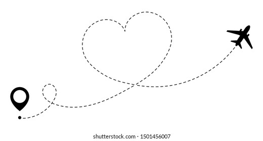GPS route of love travel plane. A love journey that is tracked by the dotted line of the heart route. Romantic travel symbol for Valentine's Day. Vector illustration.

