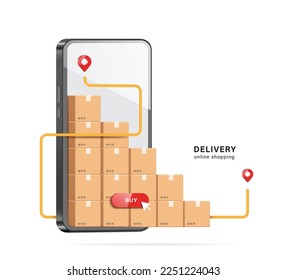 A GPS route with a pin to locate delivery location runs around parcel boxes or cardboard boxes placed on front of smartphone screen and the buy button beneath,vector 3d for online shopping