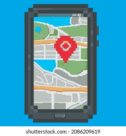 Gps Satelite Tracking System, Mobile Application In Vectorized Pixelart Icon Format.
