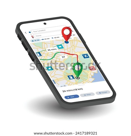GPS satellite City Map Navigation, travel, tourism and location route planning concept. Location Map with City Street Roads on touchscreen smartphone or mobile phone. Navigator city map vector.