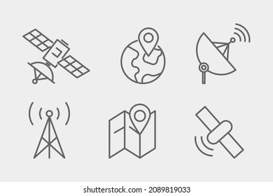 GPS satellite icon set. Outline thin line flat illustration. Isolated. 