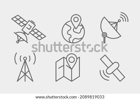 GPS satellite icon set. Outline thin line flat illustration. Isolated. 