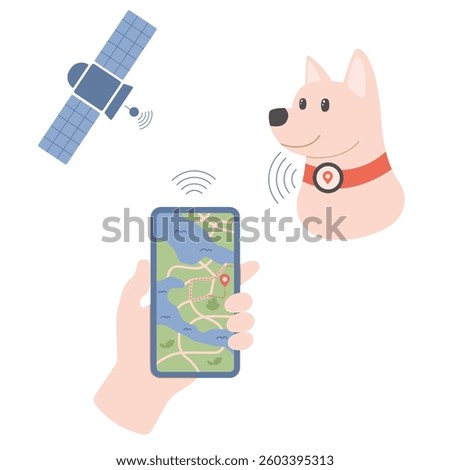 GPS satellite tracker on pet Dog location in park Transfer information to mobile phone application vector illustration