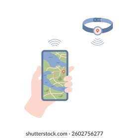 GPS satellite tracker for pet Transfer information from pet collar to mobile phone application vector illustration