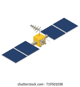 GPS satellites yellow color with solar panels. Isometric view. Wireless technology. Navigation system. Flat 3D vector illustration.