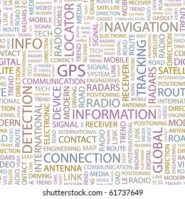 GPS. Seamless vector pattern with word cloud. Illustration with different association terms.