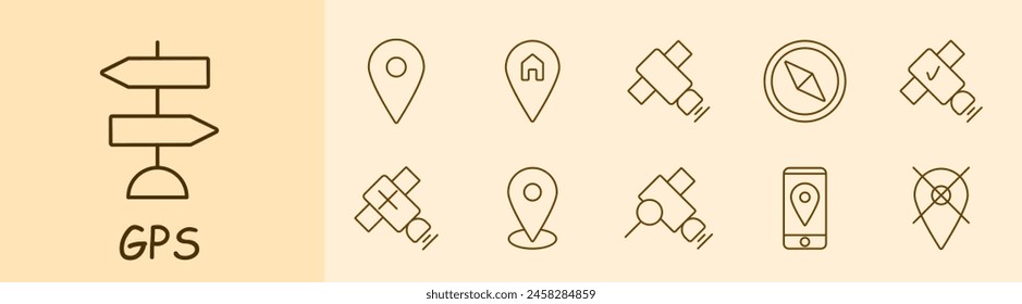 GPS set icon. Pointer, location, house, satellite, signal, compass, north, south, east, west, orientation, search area, maps in phone, prohibition. Search position concept.