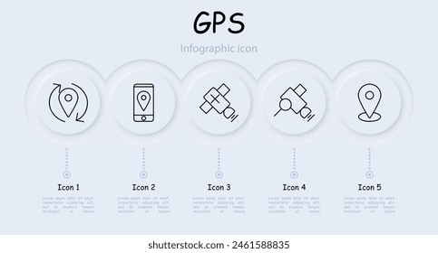 GPS set icon. Pointer, location, house, satellite, signal, compass, north, south, east, west, orientation, search area, maps in phone, prohibition, infographic. Search position concept.
