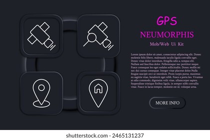GPS set icon. Pointer, location, house, satellite, signal, compass, north, south, east, west, orientation, search area, maps in phone, prohibition, neomorphism. Search position concept.