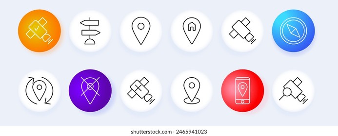 GPS set icon. Pointer, location, house, satellite, signal, compass, north, south, east, west, orientation, search area, route, location, navigation, road sign, prohibition, itinerary, map.