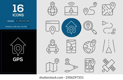 Gps set of outline icons related to analysis, infographic, analytics. Editable stroke. Vector illustration.