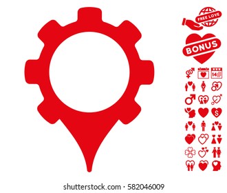 GPS Settings icon with bonus love symbols. Vector illustration style is flat iconic red symbols on white background.