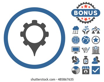 GPS Settings icon with bonus pictogram. Vector illustration style is flat iconic bicolor symbols, cobalt and gray colors, white background.