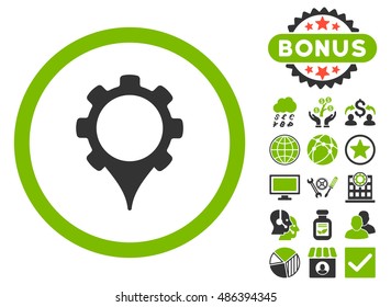 GPS Settings icon with bonus pictogram. Vector illustration style is flat iconic bicolor symbols, eco green and gray colors, white background.