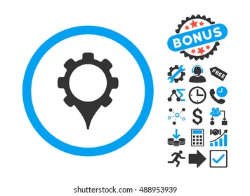 GPS Settings icon with bonus pictures. Vector illustration style is flat iconic bicolor symbols, blue and gray colors, white background.