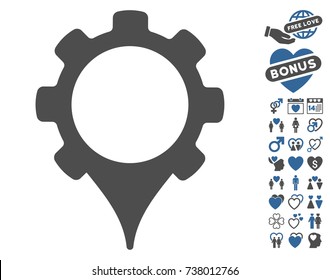 GPS Settings icon with bonus romantic icon set. Vector illustration style is flat iconic cobalt and gray symbols on white background.