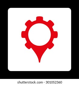 GPS settings icon. This flat rounded square button uses red and white colors and isolated on a black background.