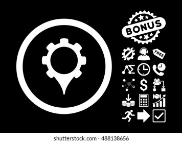 GPS Settings pictograph with bonus pictograph collection. Vector illustration style is flat iconic symbols, white color, black background.
